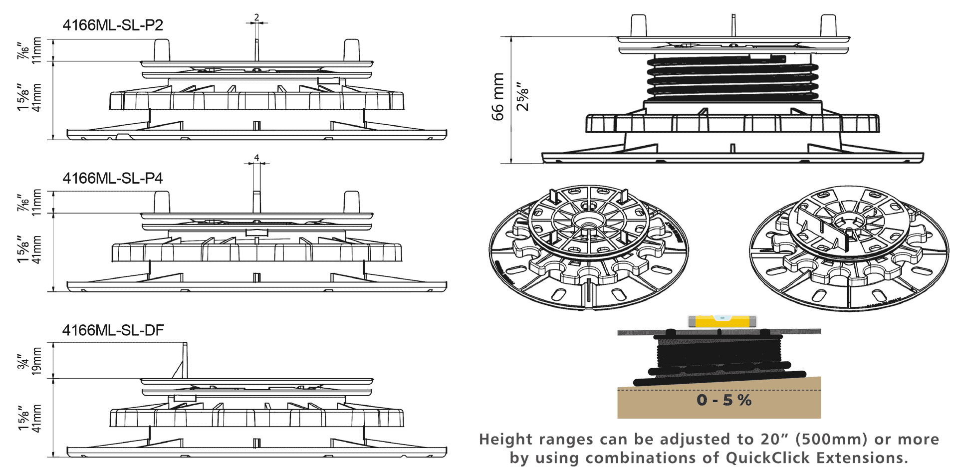 Technical drawings - StrataRise 4166 Self Levelling Pedestal supports