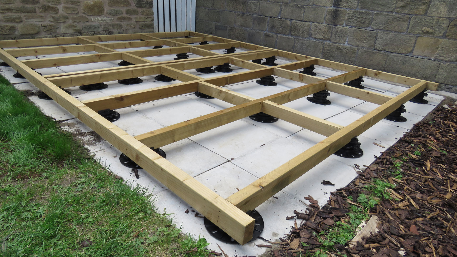 Support framework for a Garden Shed levelled with StrataRise Pedestals
